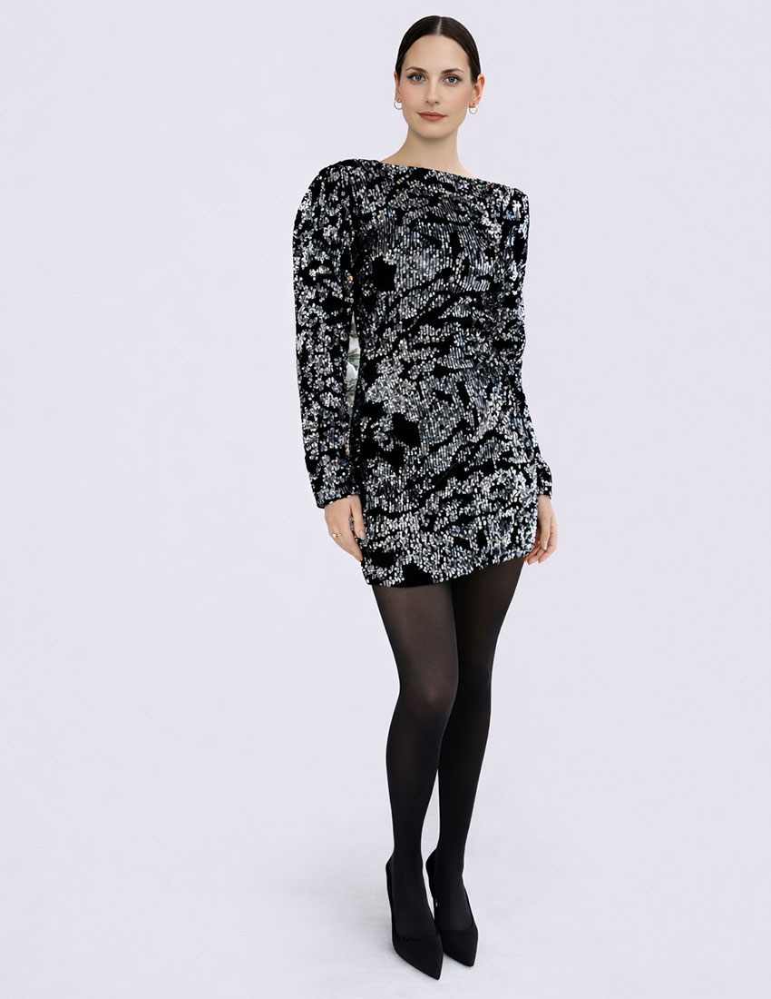 VESTIDO VELVET NEGRO LENTEJUELA PLATA