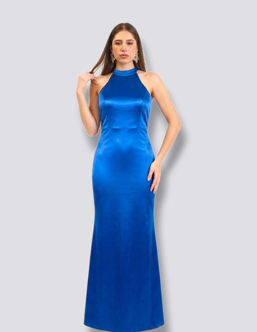 VESTIDO LARGO COLOR AZUL REY CORTE SIRENA CUELLO HALTER CADENAS EN ESPALDA