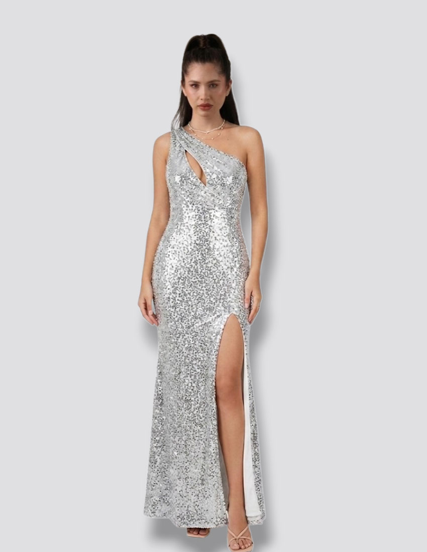 VESTIDO LARGO DE LENTEJUELAS COLOR PLATA CORTE SIRENA UN HOMBRO