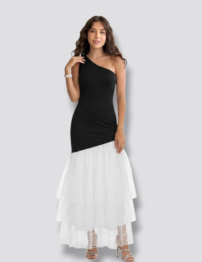 VESTIDO LARGO NEGRO BLANCO UN HOMBRO