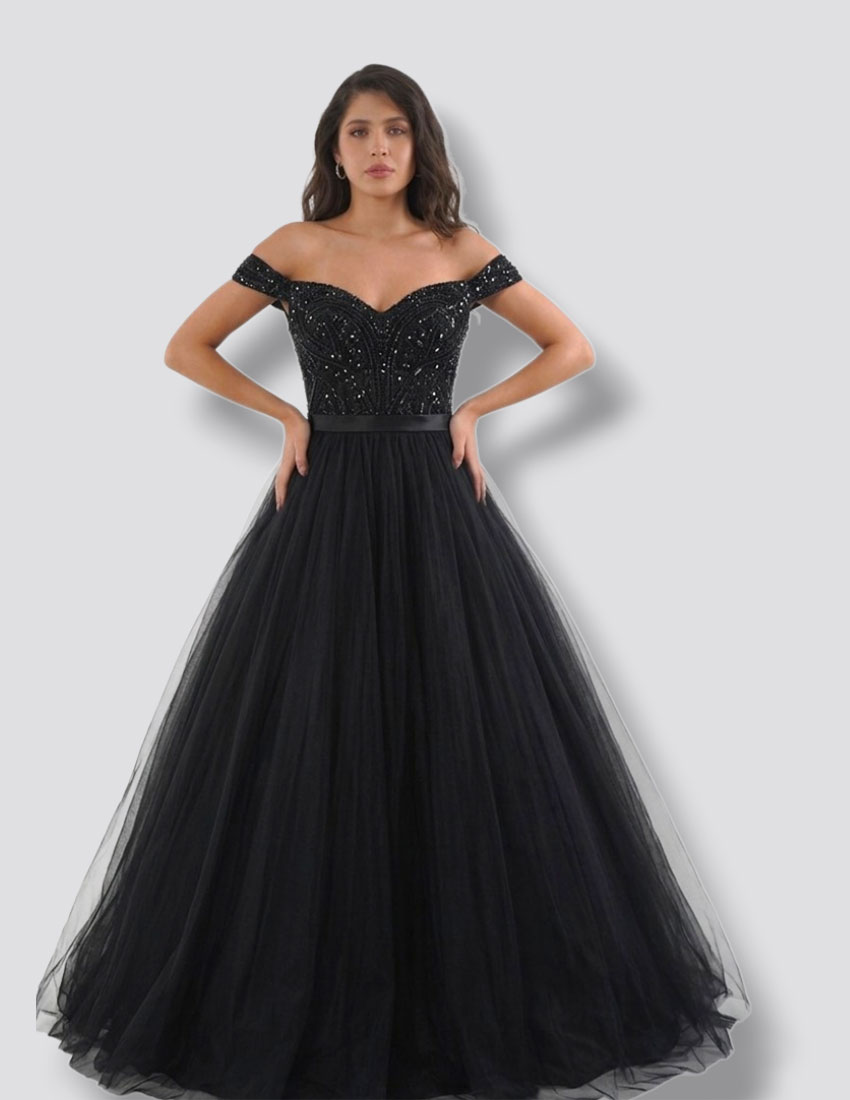 Vestido hombros descubiertos, corsette bordado en chaquira y espalda con cordones ajustables