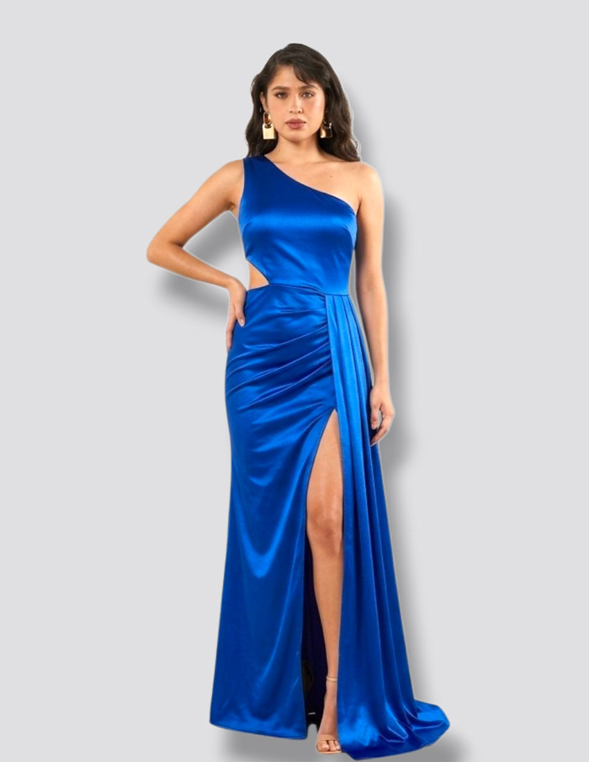 Vestido azul rey en satin, de un solo hombro,cut out cintura y abertura en pierna