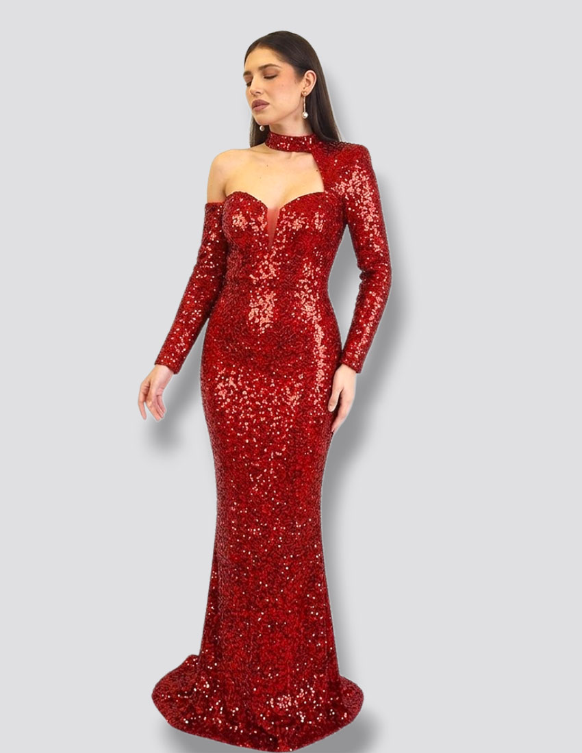 Vestido rojo, lentejuela, copa preformada, corte sirena