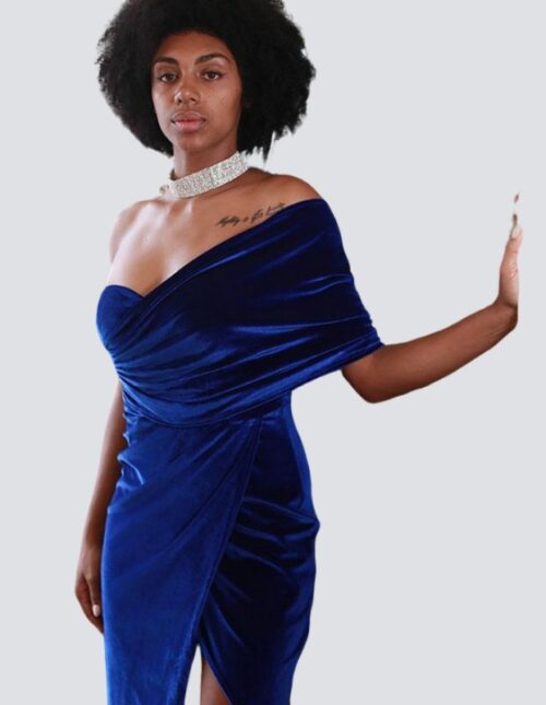VESTIDO LARGO AJUSTADO EN TELA VELVET 3 FORMAS COLOR AZUL REY