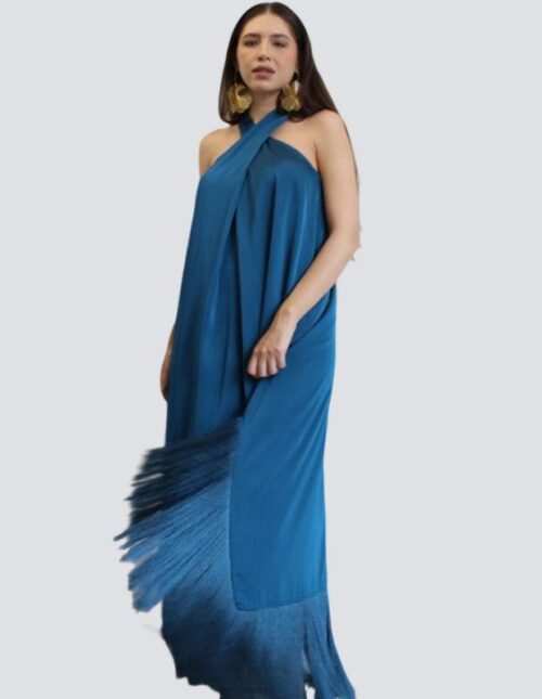 Vestido azul petroleo, tela satin, cruzado por espalda y flecos en bastilla
