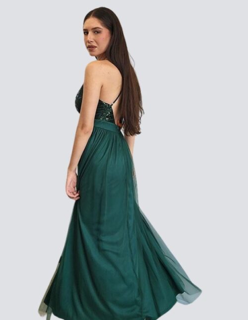 Vestido verde esmeralda, tirantes ajustables parte superior en lentejuelas y acabado en tul