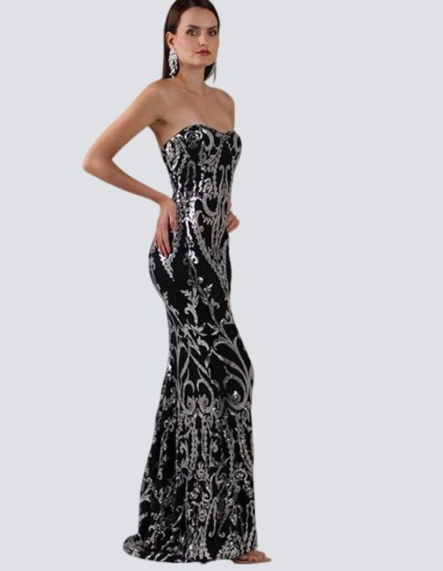 Vestido corte sirena, straple, negro bordado con lentejuelas en plata