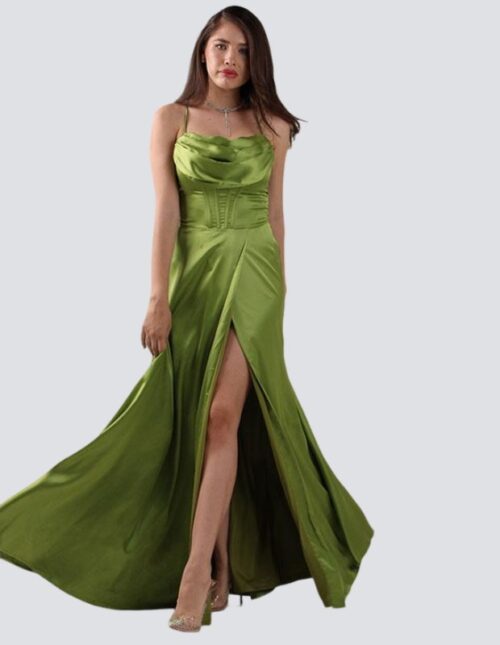 Vestido tipo corsete en línea A, tela satín color verde lima