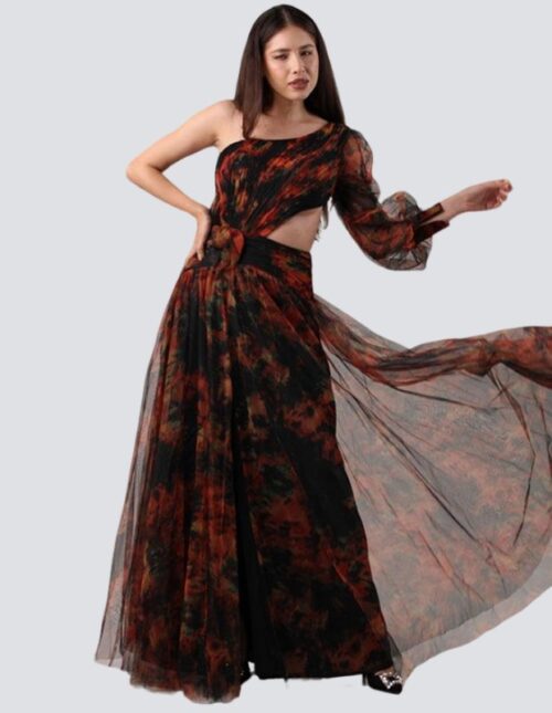 Vestido  en tonos ocre, diseño un hombro y cut out costado cintura
