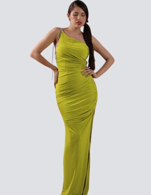 Vestido verde lima, likra, drapeado a un costado, un solo hombro