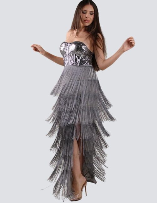 Vestido straple, bordado en lentejuela gris y flecos