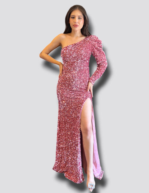Vestido velvet bordado en lentejuela color Pink, una sola manga y ajustado al cuerpo
