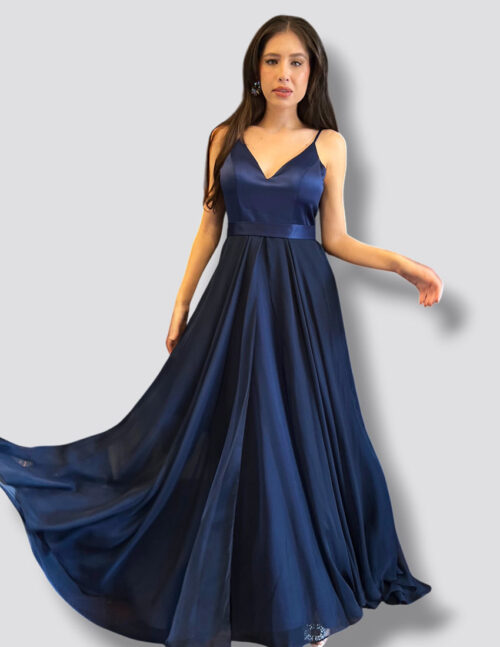 Vestido azul marino, corte princesa, tafeta satinada y organza