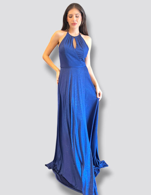 Vestido azul marino con brillos en mismo tono, halter, corte princesa