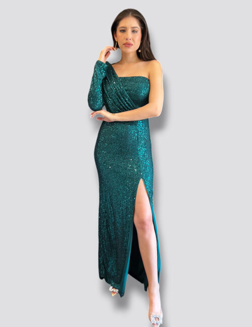 Vestido bordado lentejuelas verde esmeralda, ajustado al cuerpo, una manga larga y drapeado en cintura