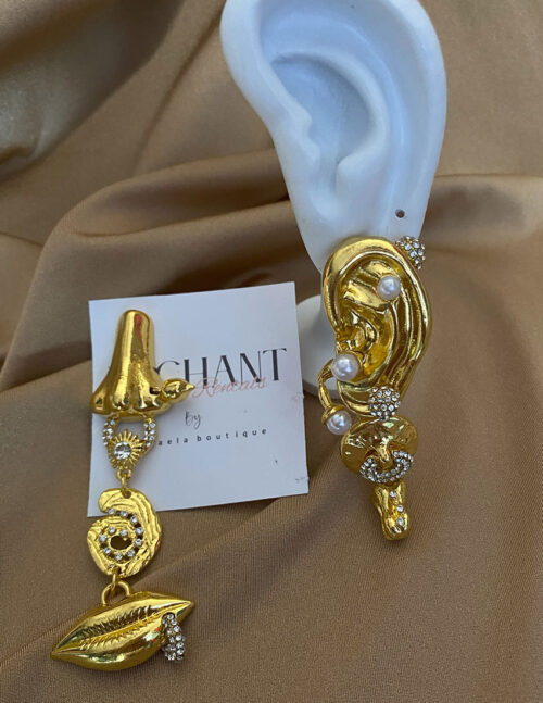 Aretes largos, diseño oreja y nariz dorados asimétricos dupe schiaparelli