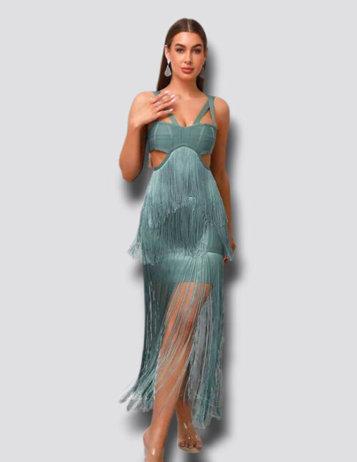 Vestido likra bandage, color menta  cut out en cintura y diseño de flecos