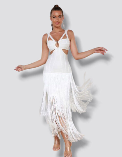Vestido likra bandage, blanco  cut out en cintura y diseño de flecos