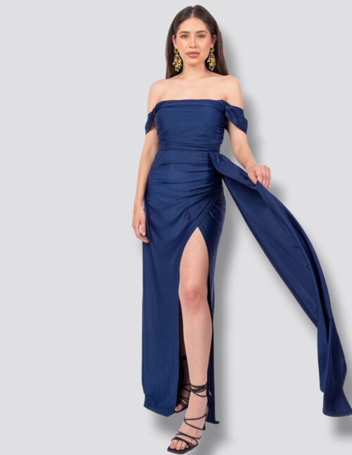 Vestido azul marino, likra fruncido en busto y a un costadocon abertura en pierna