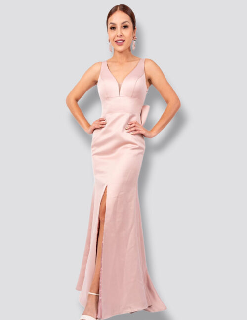 Vestido palo de rosa, tafeta satinada corte princesa y moño en espalda