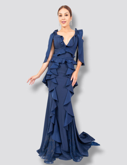 Vestido azul marino con diseño de olanes