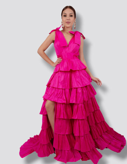 Vestido de importación turco, fucsia diseño olanes