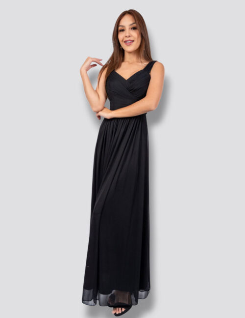 Vestido negro drapeado en busto, corte princesa