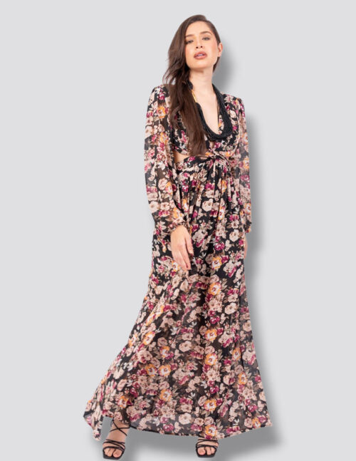 Vestido flores, escote pronunciado, manga larga y cut out en cintura