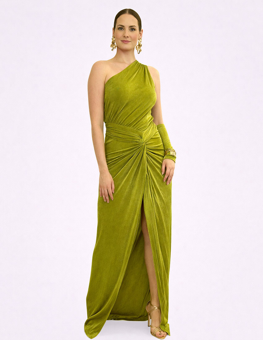 Vestido verde manzana, un hombro, diseño en cintura