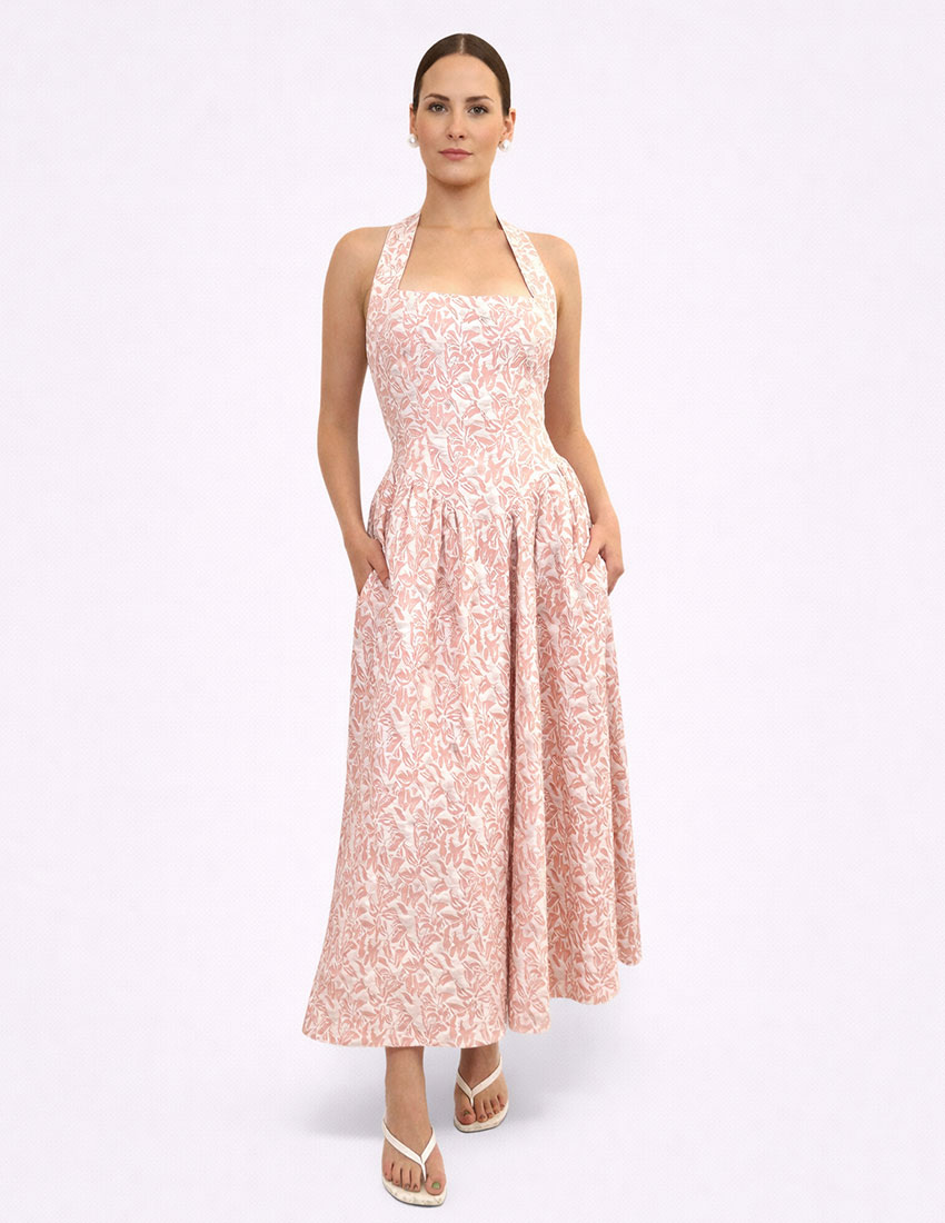 Vestido corte princesa, halter color baby pink estampado con textura