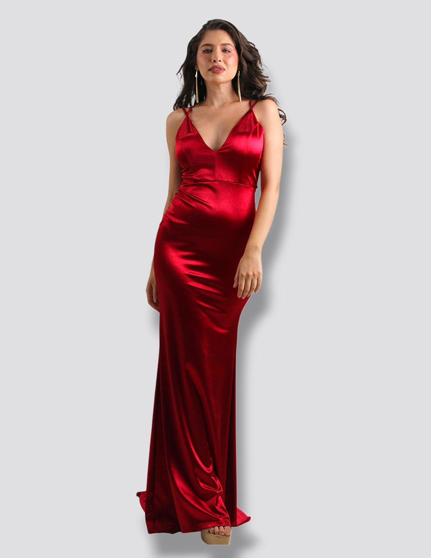 Vestido satin, rojo ruby, abertura en pierna