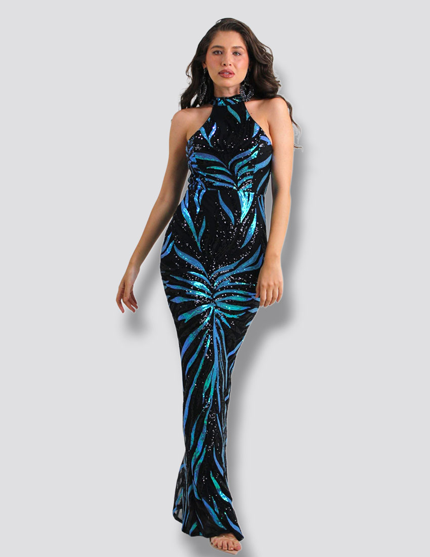 Vestido halter, corte sirena negro/azul aqua, bordado en lentejuela