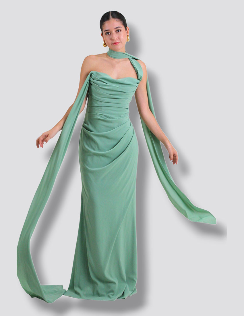 Vestido en gasa, multiposicion, color dusty sage