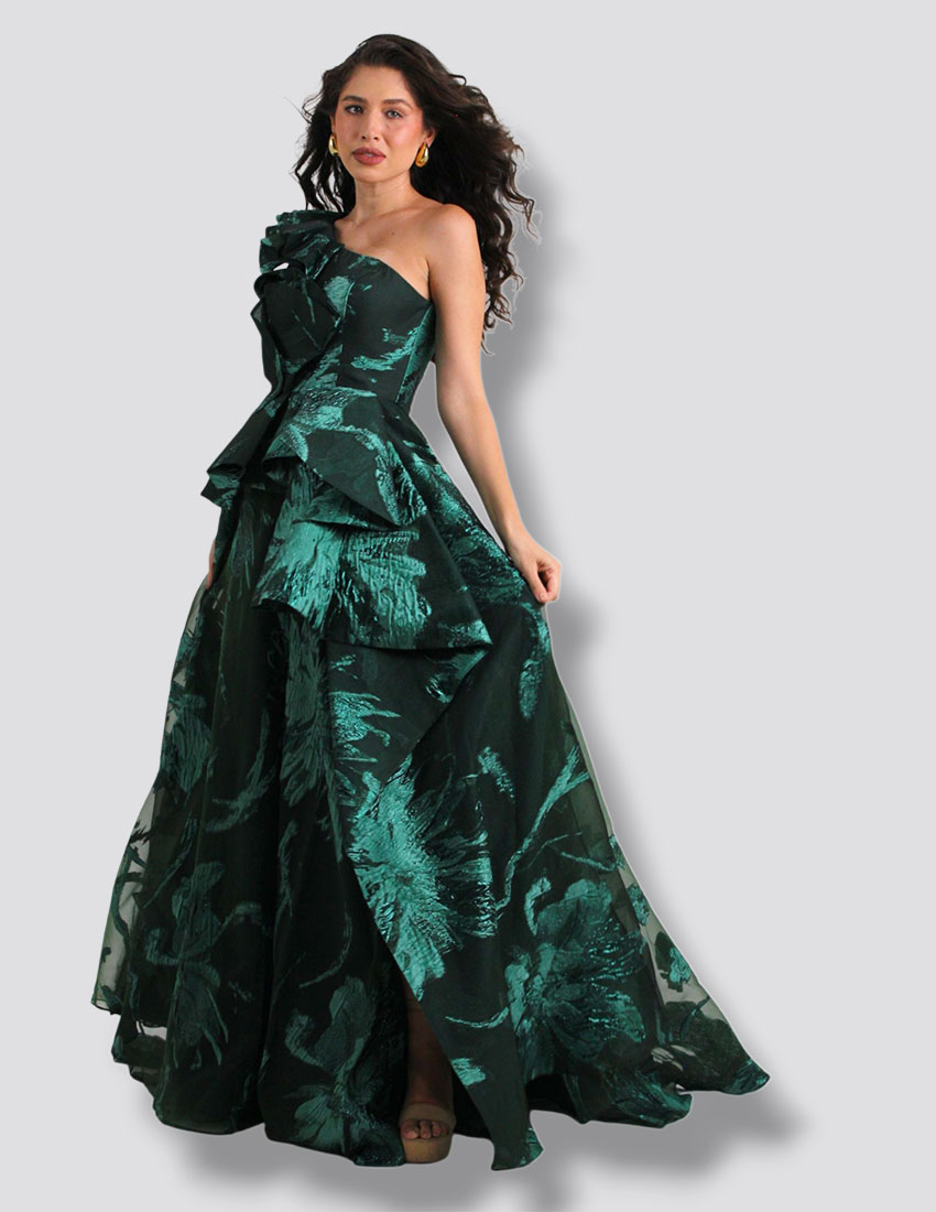 Vestido verde esmeralda, diseño un hombro con escarolas