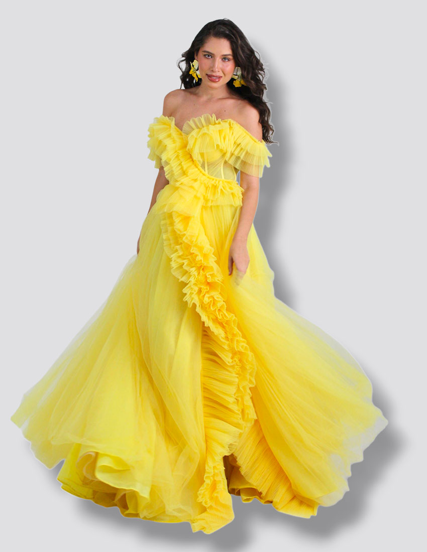 Vestido de mesh, amarillo, tipo corsette, corte princesa
