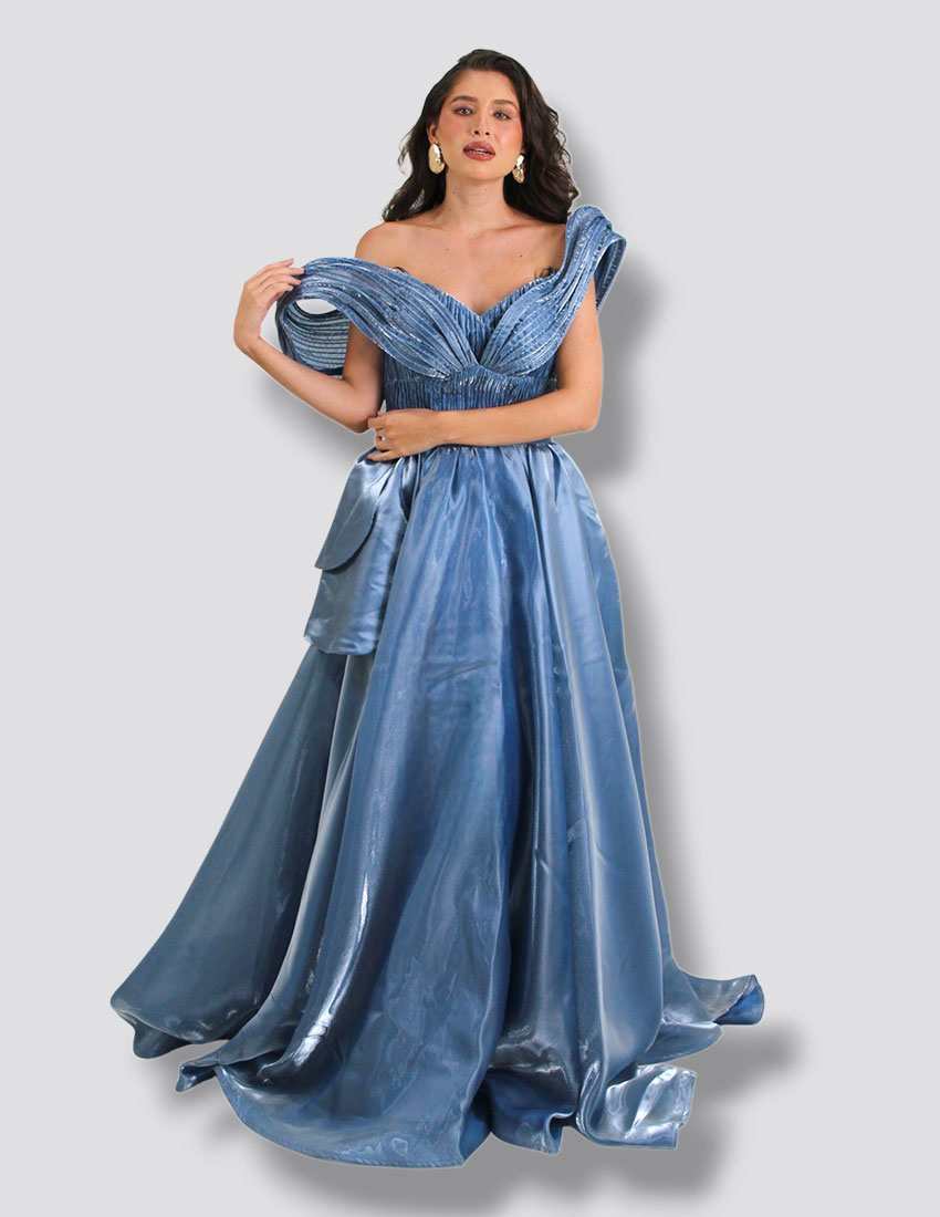 Vestido color steelblue, diseño en busto y hombros, corte princesa