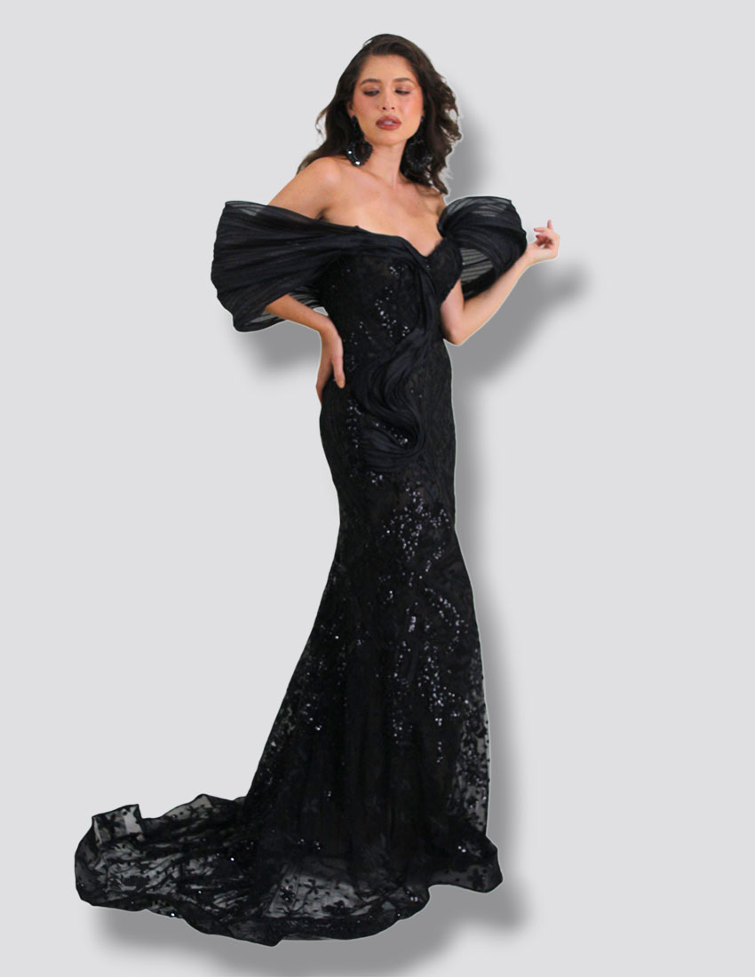 Vestido negro, bordado en lentejuela, corte sirena y diseño en mangas