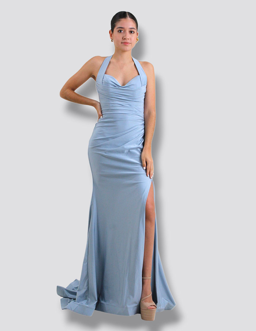 Vestido baby blue, halter, drapeado en busto y cintura, corte sirena