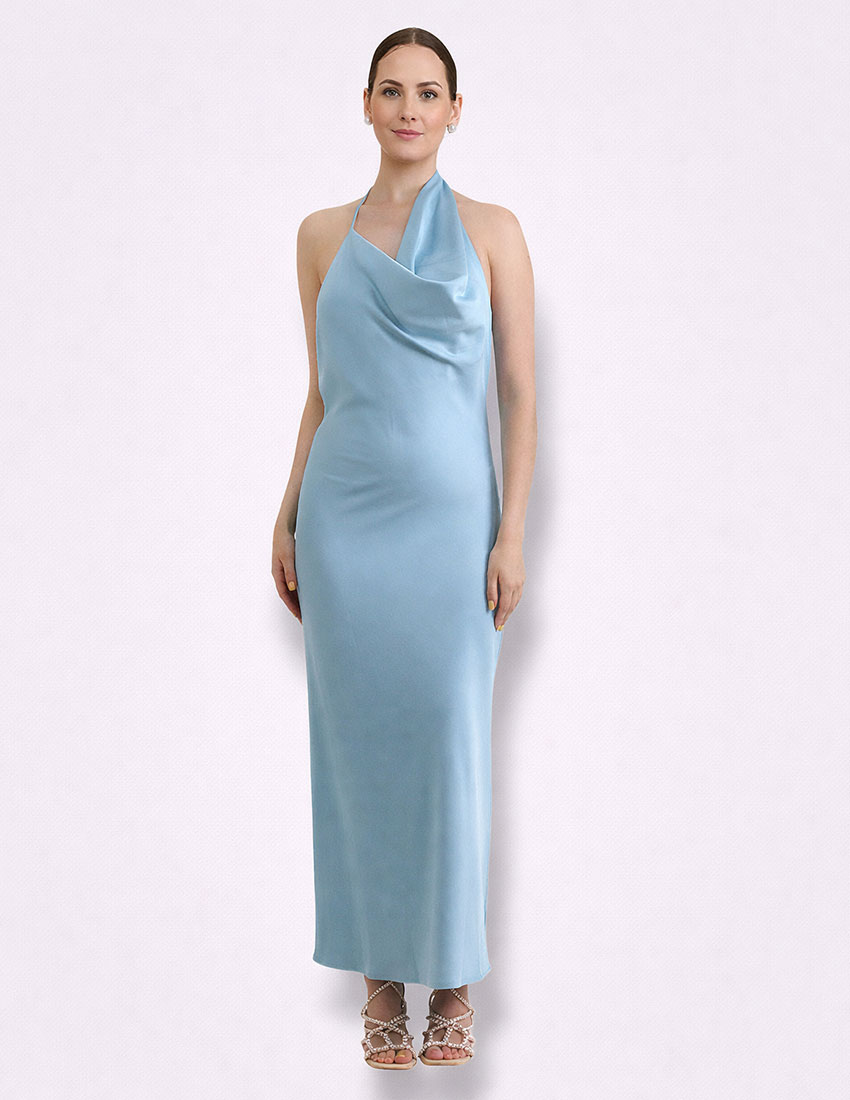Vestido satin baby blue diseño en hombros