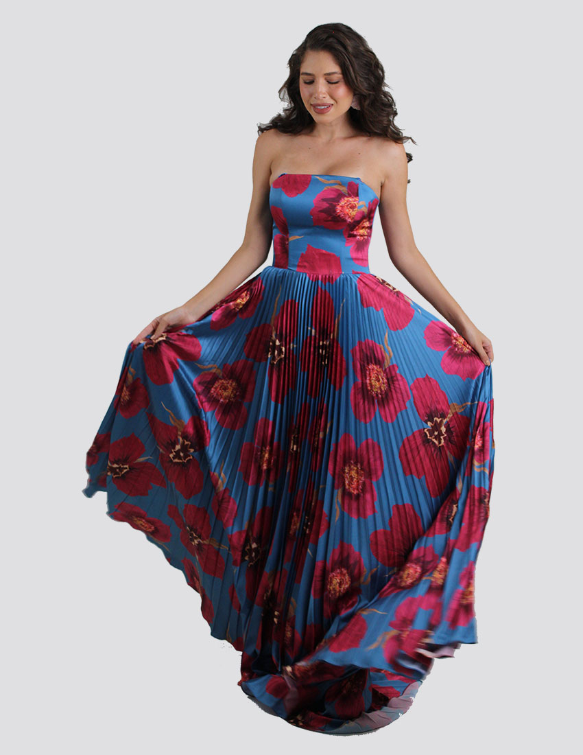 Vestido en tafeta satinada corte en A falda plisada, estampado orquídeas