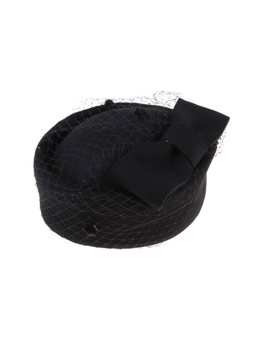 Sombrero pillbox negro en lana, diseño mono y malla