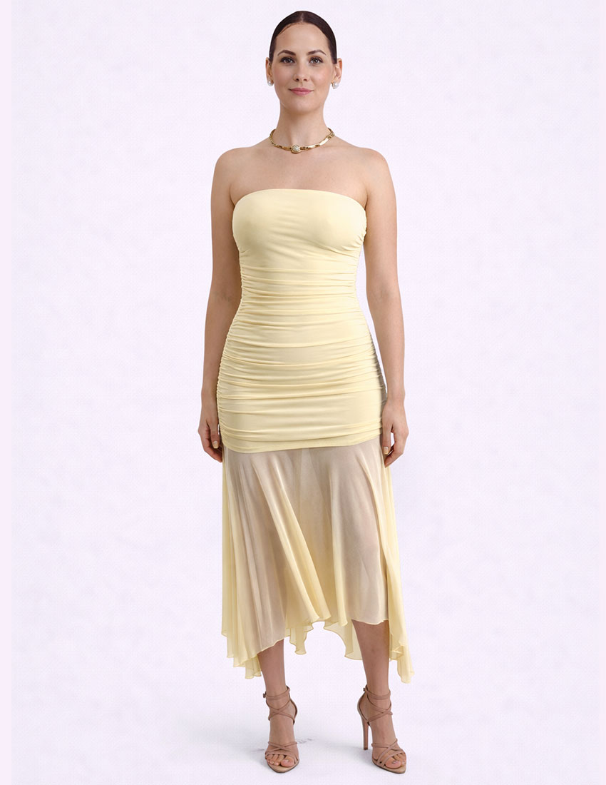 Vestido drapeado en dorso, tela mesh amarillo mantequilla