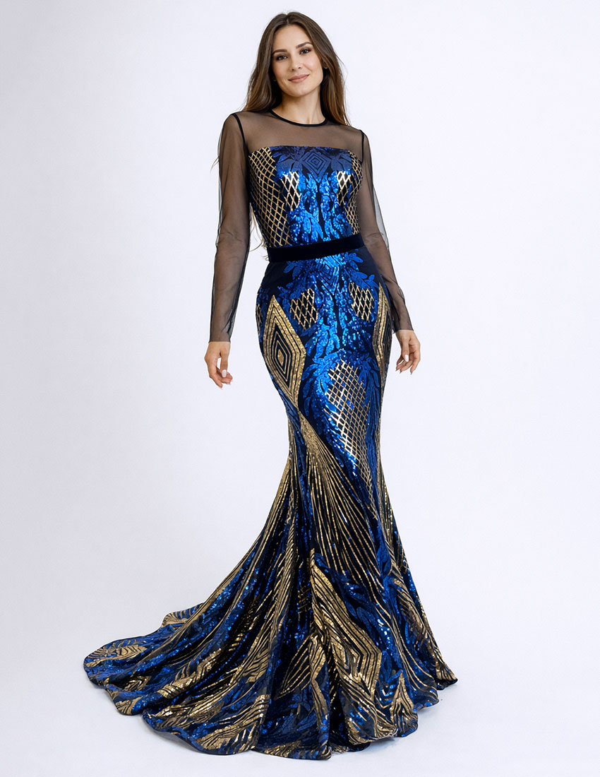 Vestido ajustado al cuerpo, tul bordado en lentejuela azul rey, negro y dorado