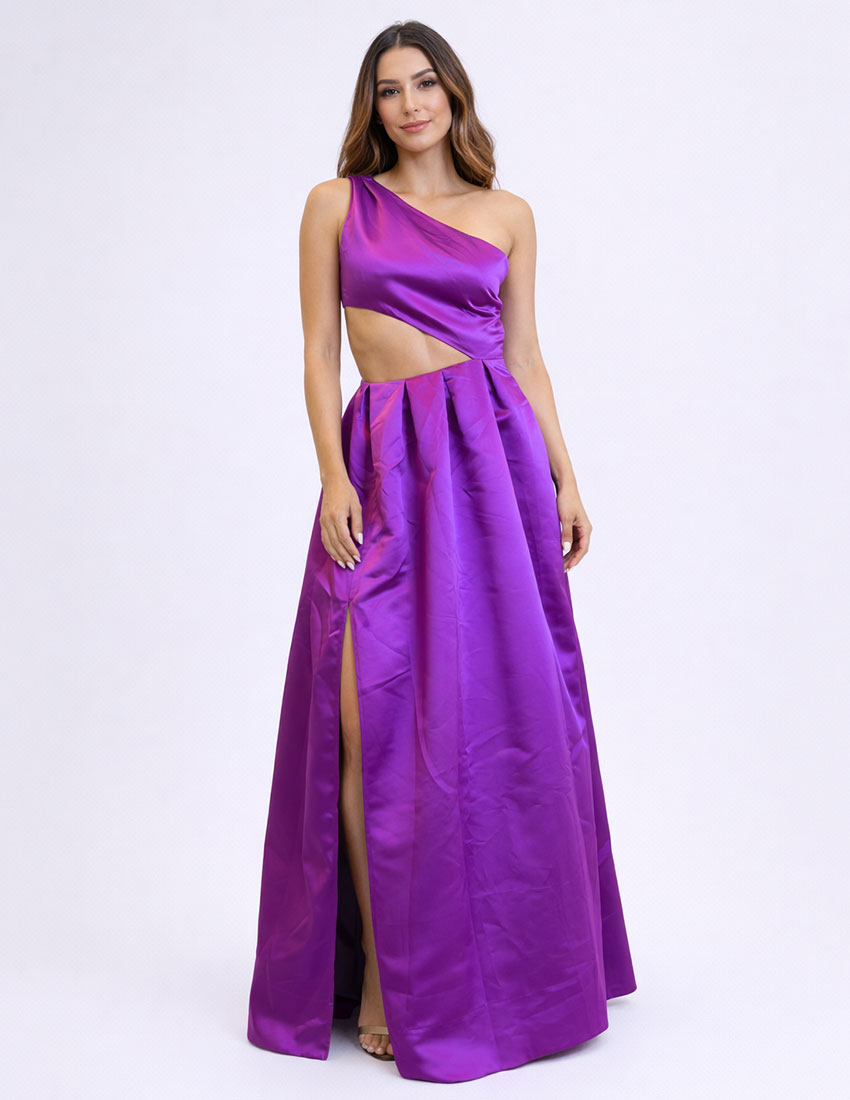 Vestido color bugambilia, a un hombro, cut out cintura y falda en A