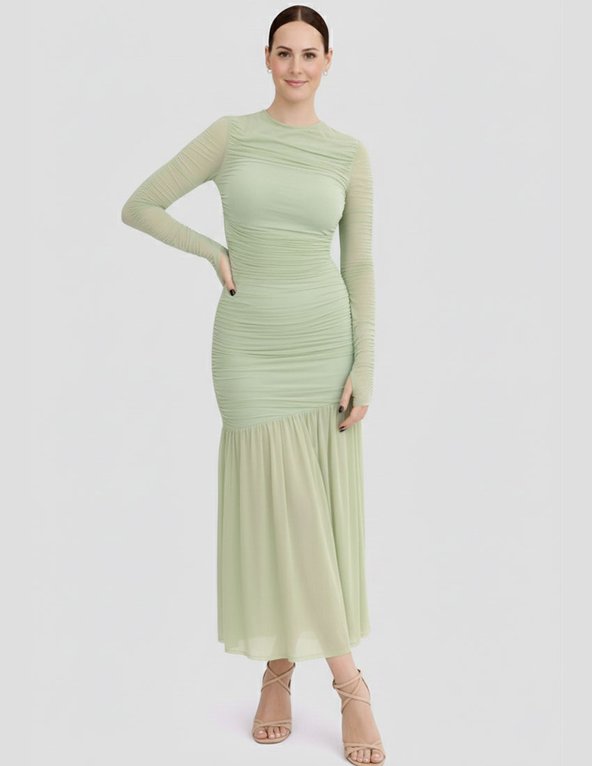 Vestido mesh verde menta, manga larga diseño drapeado, ajustado al cuerpo