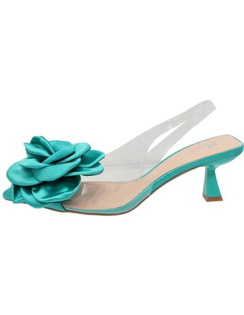 Stiletto destalonado, satin color turquesa y diseño de flor