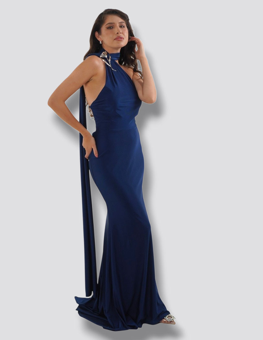 Vestido ajustado al cuerpo, corte sirena, escote halter espalda descubierta color azul marino