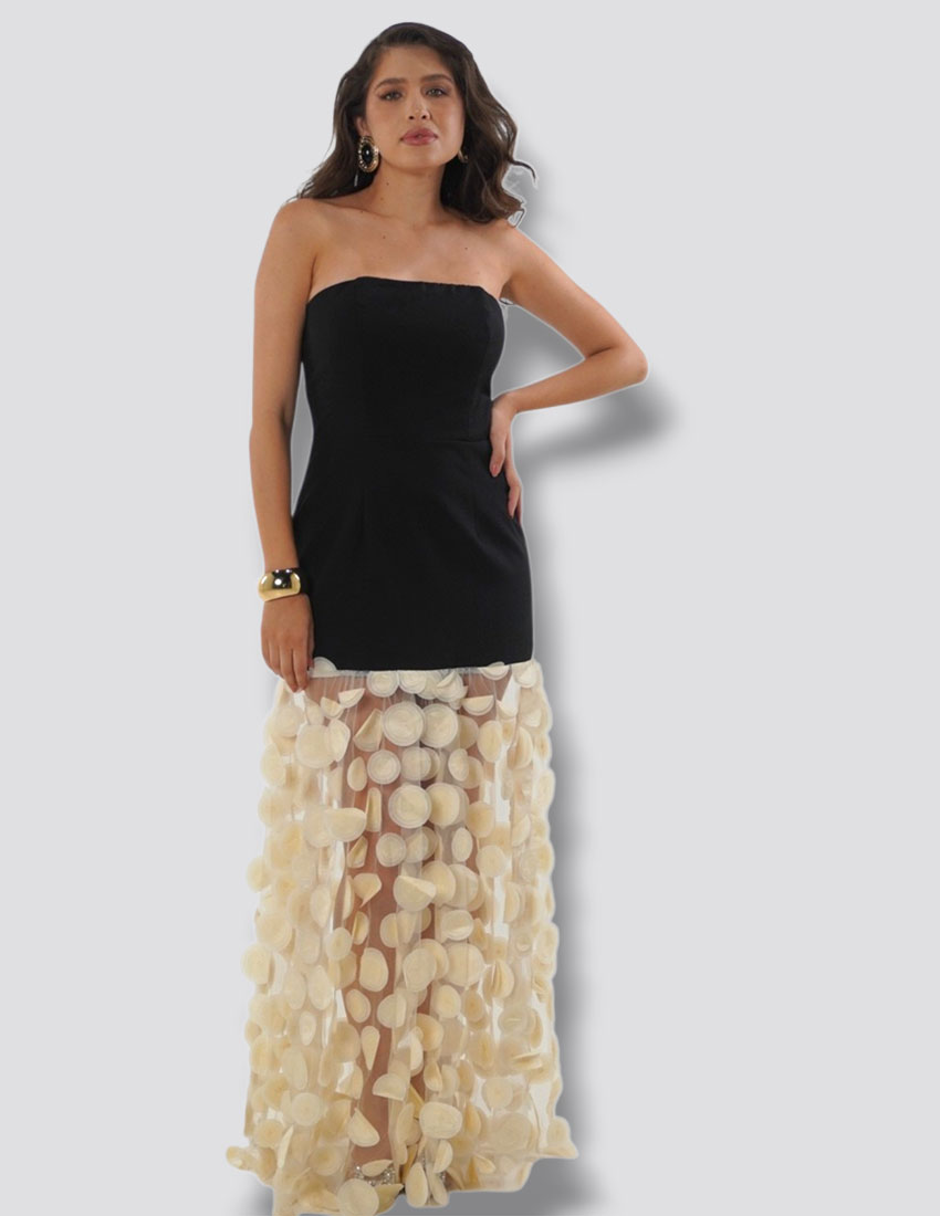 Vestido straple bicolor negro/blanco diseño en falda de tul y círculos 3d