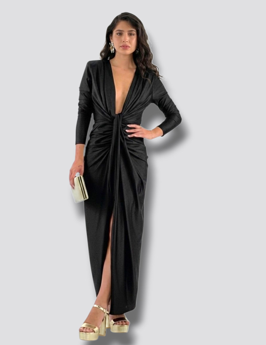Vestido midi, tono negro, diseño drapeado en cintura, manga larga escote profundo en V