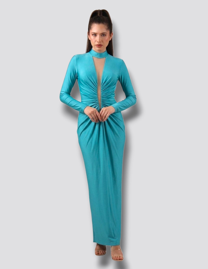 Vestido largo verde jade, ajustado al cuerpo, manga larga, cuello alto, diseño drapeado